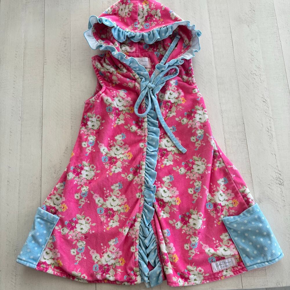 SweetHoney Pink Floral Hooded Kids Swim Coverup with Blue Trim